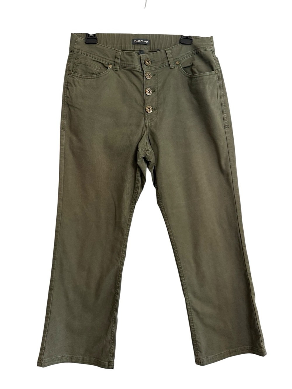 Toad&Co Olive Earthworks Kick Flare Cropped Button-Front Pants 12 Cotton Tencel